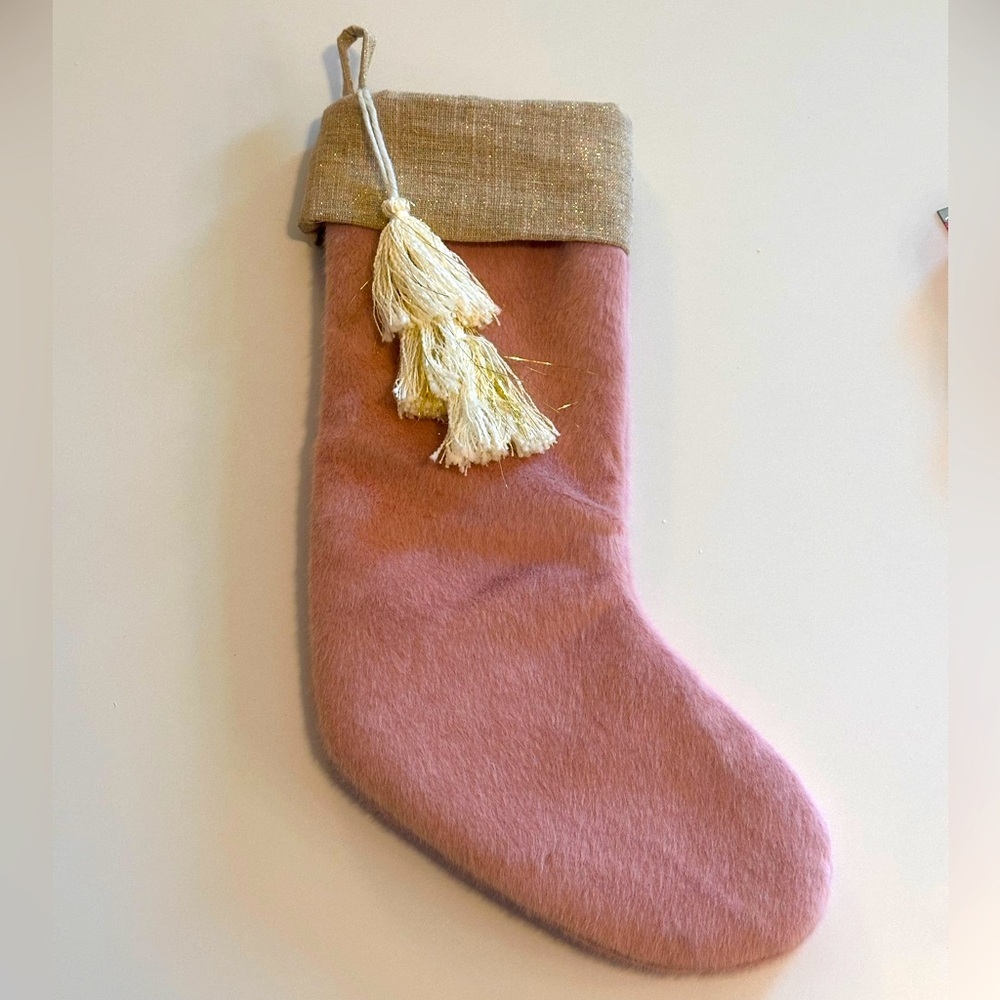 Pink and Gold Soft Furry Stocking with Tassel Embellishment